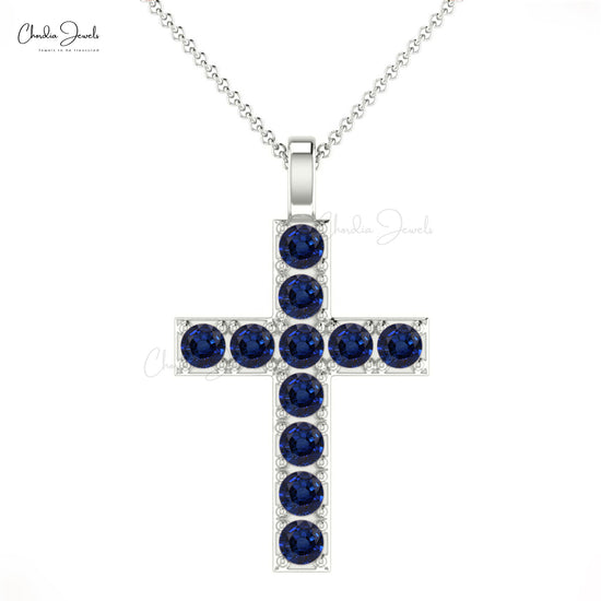 Fashion Simple Style Religious Locket Natural Blue Sapphire Gemstone Cross Pendant Necklace 14k Solid Gold Jewelry For Anniversary Gift