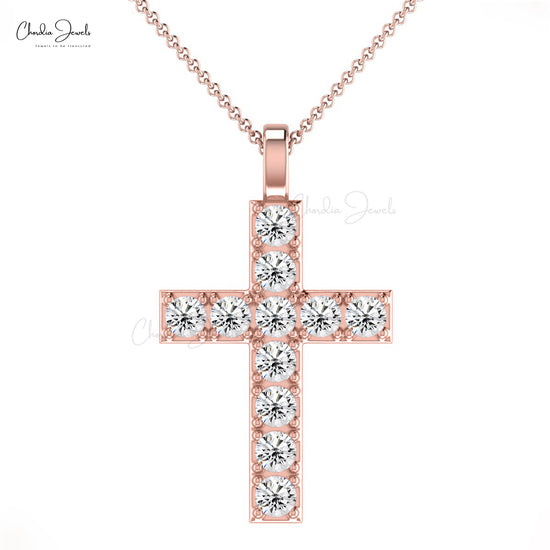 Customizable Religious Pendant 2mm Round Shape Natural White Diamond Cross Pendant Necklace 14k Pure Gold Jewelry For Wedding Gift