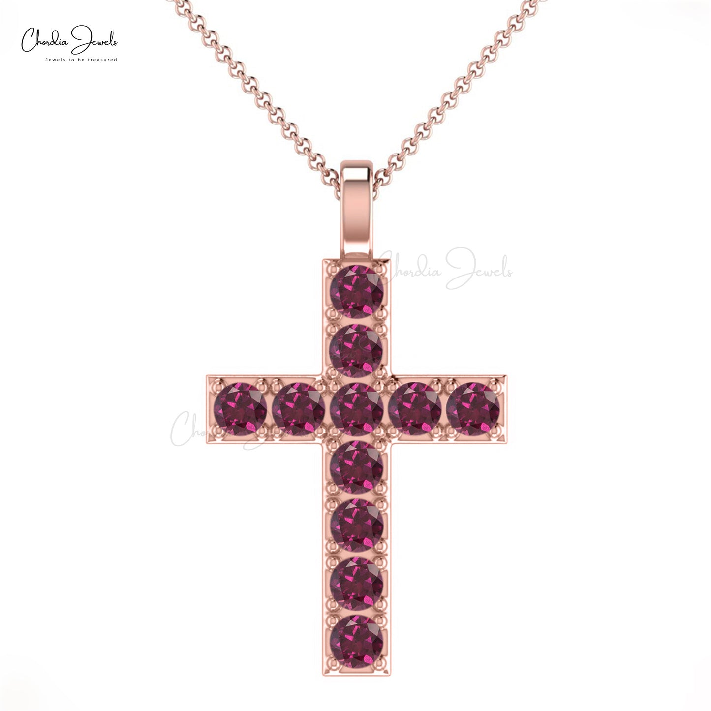 Pure 14k Gold Religious Pendant With 2mm Rhodolite Garnet Minimalist Cross Necklace