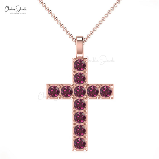 Pure 14k Gold Religious Pendant With 2mm Rhodolite Garnet Minimalist Cross Necklace
