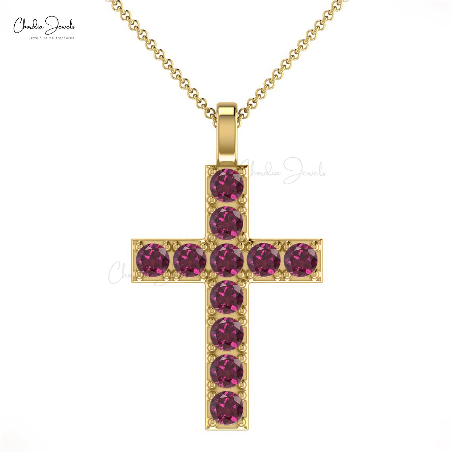 Pure 14k Gold Religious Pendant With 2mm Rhodolite Garnet Minimalist Cross Necklace