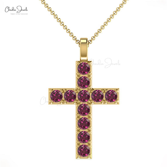 Vintage Cross Charms Pendant Necklace Genuine Rhodolite Garnet Gemstone Religious Pendant in 14k Real Gold Perfect Gift For Men and Women