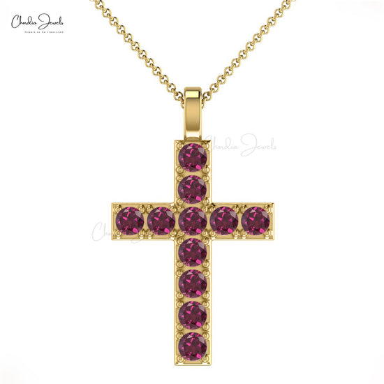 Pure 14k Gold Religious Pendant With 2mm Rhodolite Garnet Minimalist Cross Necklace