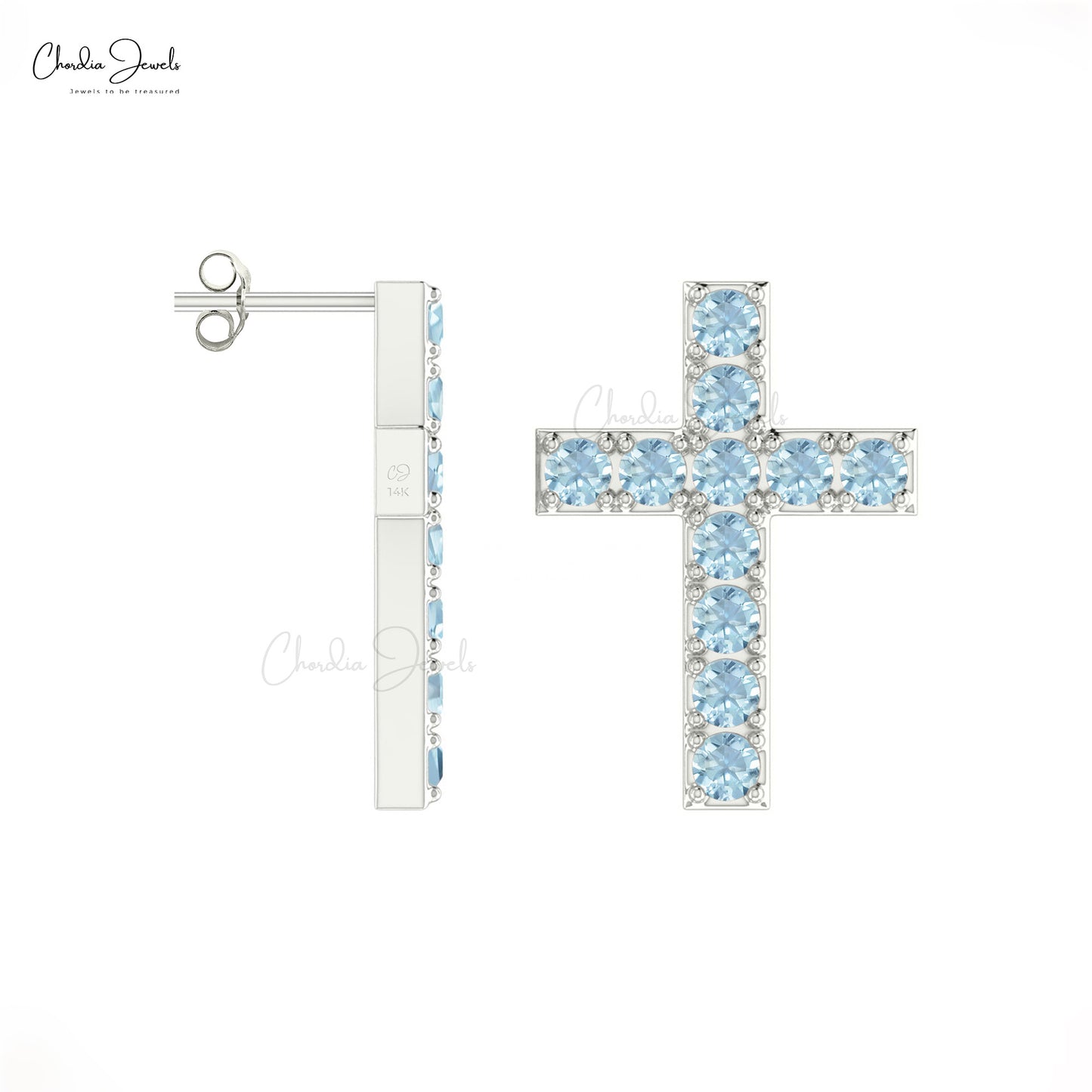 Real 14k Gold March Birthstone 1.10 Ct Pave Set Cross Stud Earrings 2mm Round Cut Authentic AAA Aquamarine Religious Studs Anniversary Gift For Wife