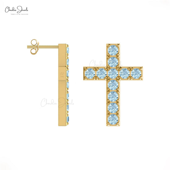 Jesus Pray Gold Studs In 14k Solid Gold Aquamarine 2mm Gemstone Minimal Cross Earrings