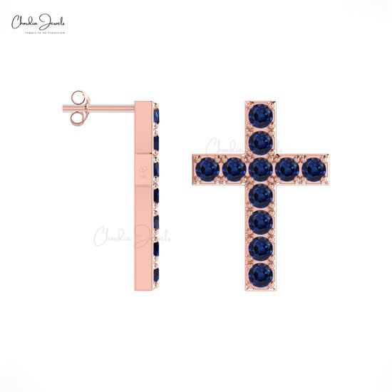Cross Gemstone Studs In 14k Solid Gold Blue Sapphire Religious Stud Earrings For Her