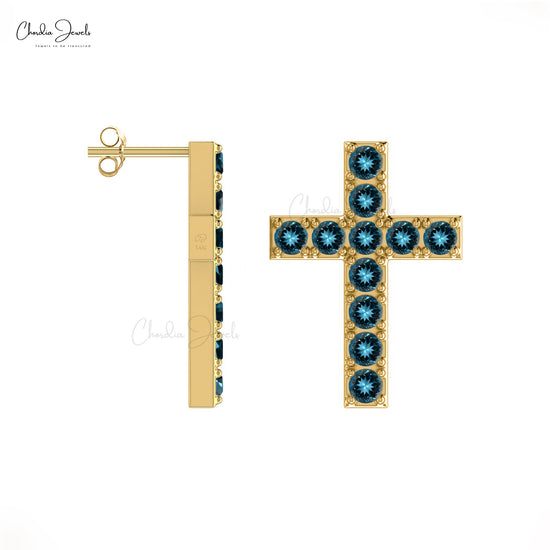Best selling Cross Stud Earrings Religious Style Genuine London Blue Topaz Cross Jewelry Earrings Real 14k Gold Earring Birthday Gift For Sister