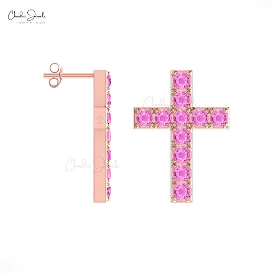 Charming and Fashionable 14k Solid Gold Classic Cross Natural Pink Sapphire Stud Earrings 2mm Round Gemstone Studs Valentine's Day Gift