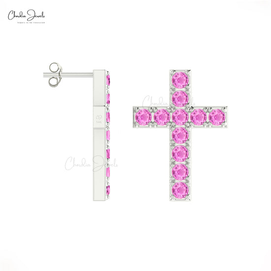 Load image into Gallery viewer, Pink Sapphire Religious Studs
