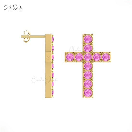 Load image into Gallery viewer, Charming and Fashionable 14k Solid Gold Classic Cross Natural Pink Sapphire Stud Earrings 2mm Round Gemstone Studs Valentine&amp;#39;s Day Gift
