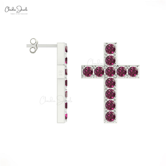 Round 2mm Cut 14k Solid Gold Pave Set Gemstone Religious Stud Earrings 1.10 Ct January Birthstone Genuine Rhodolite Garnet Cross Studs Jewelry For Gift