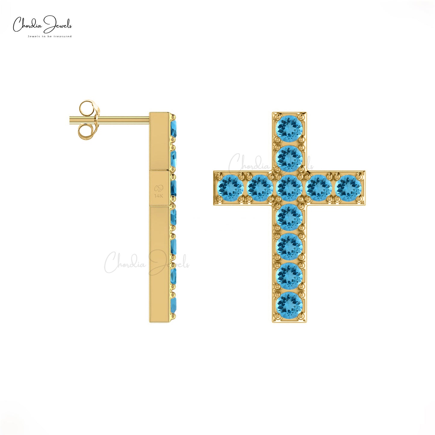 Natural Swiss Blue Topaz 2mm Round Cut Pave Set Gemstone Cross Studs 14k Solid Gold December Birthstone Stud Earrings Hallmarked Jewelry For Women