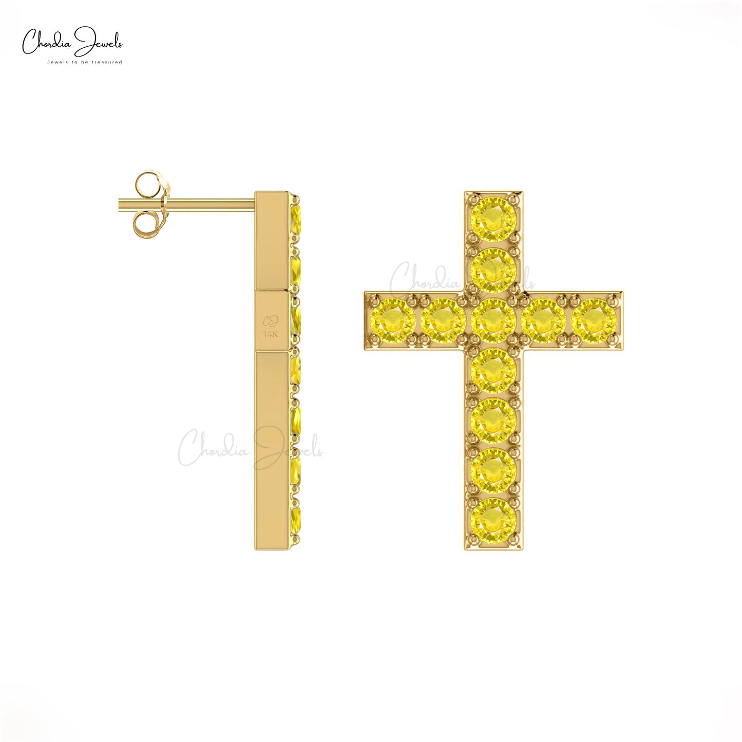 Classic Cross Design Fashion Stud Earrings Genuine Yellow Sapphire Gemstone Cross Christian Religious Charm Earrings in 14k Pure Gold Wedding Gift Jewelry