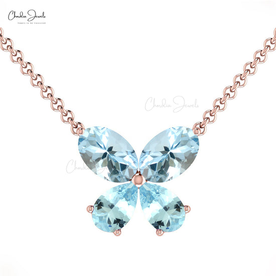 Elegant Butterfly Necklace Natural Aquamarine 4-Stone Necklace Pendant For Women 14k Pure Gold Light Weight Jewelry For Birthday Gift