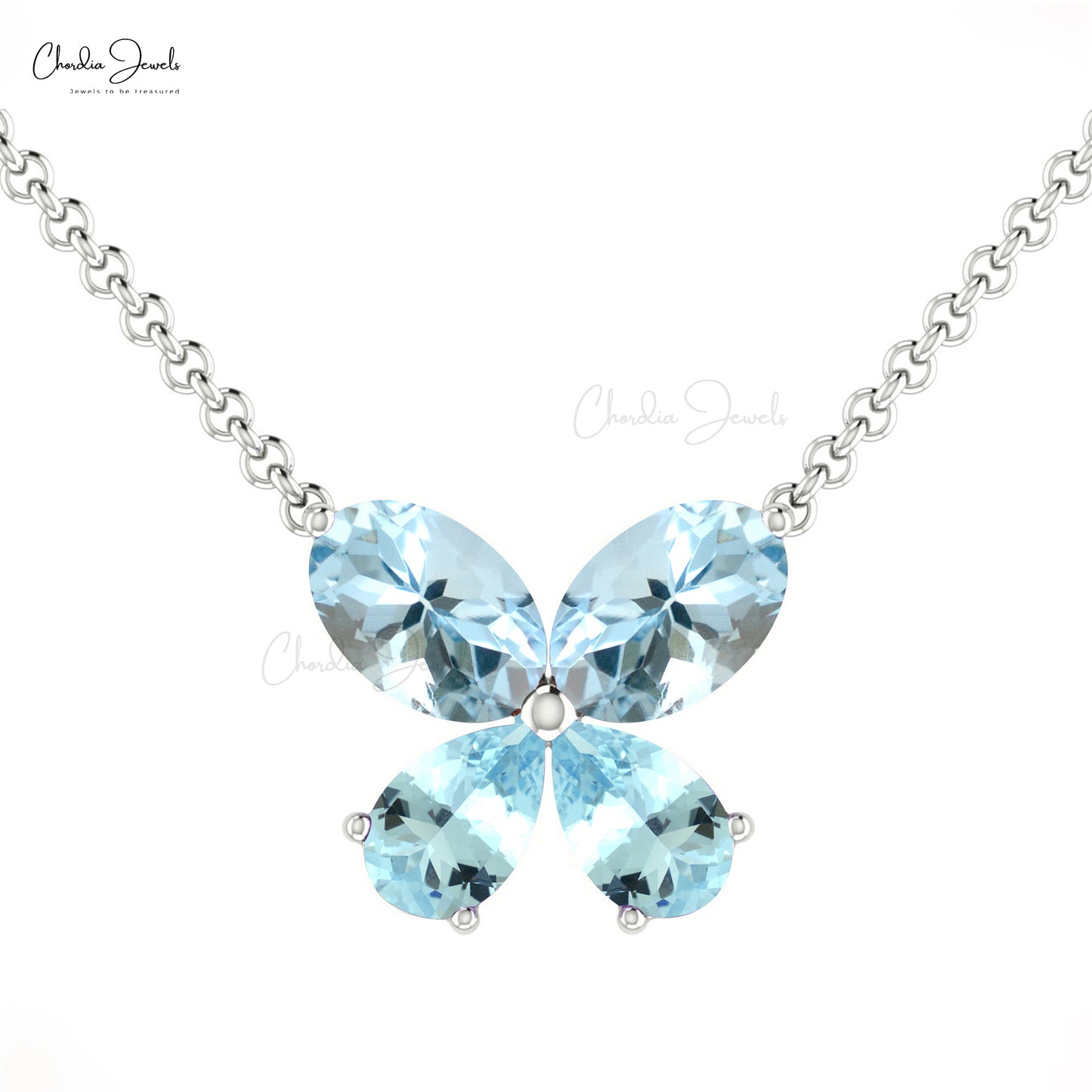 Elegant Butterfly Necklace Natural Aquamarine 4-Stone Necklace Pendant For Women 14k Pure Gold Light Weight Jewelry For Birthday Gift