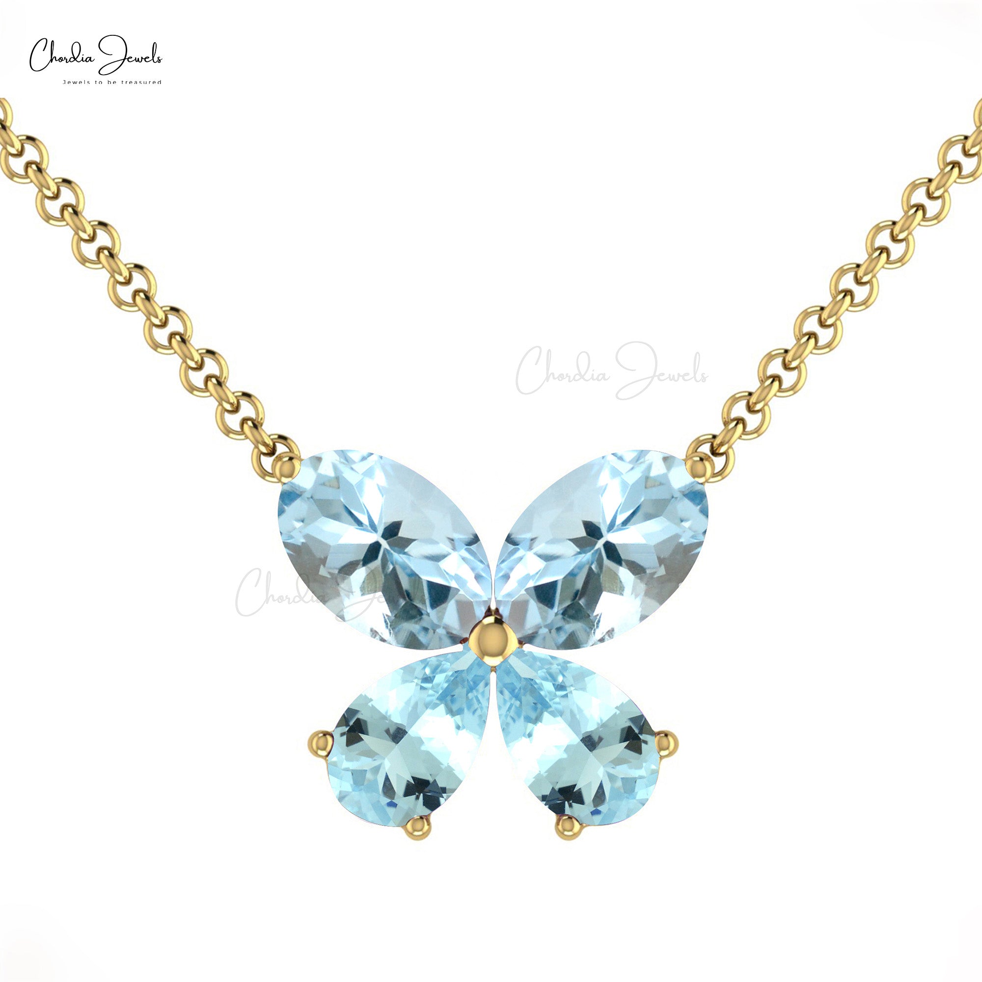 Elegant Butterfly Necklace Natural Aquamarine 4 Stone Necklace Pendant For Women 14k Pure Gold Light Weight Jewelry For Birthday Gift
