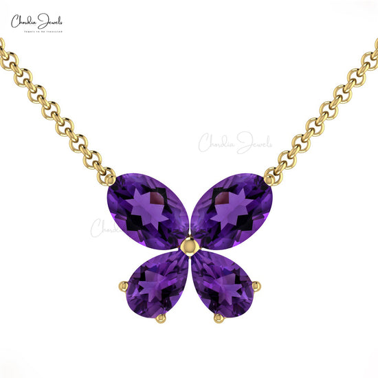 Purple Amethyst Butterfly Shape Pendant Necklace in 14k Solid Gold