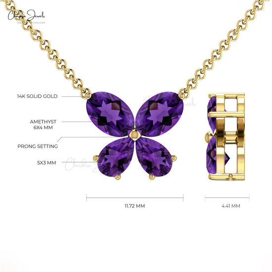 Purple Amethyst Butterfly Shape Pendant Necklace in 14k Solid Gold