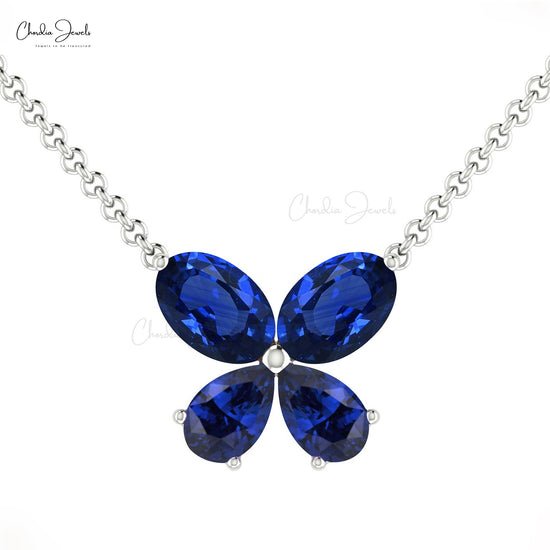 Load image into Gallery viewer, Genuine Blue Sapphire 4-Stone Necklace Pendant September Birthstone Gemstone Butterfly Necklace Pendant in 14k Real Gold Bridesmaid Gift
