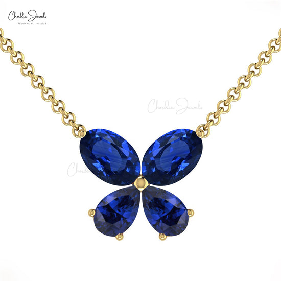 Genuine Blue Sapphire Butterfly Charm Necklace In 14k Real Gold