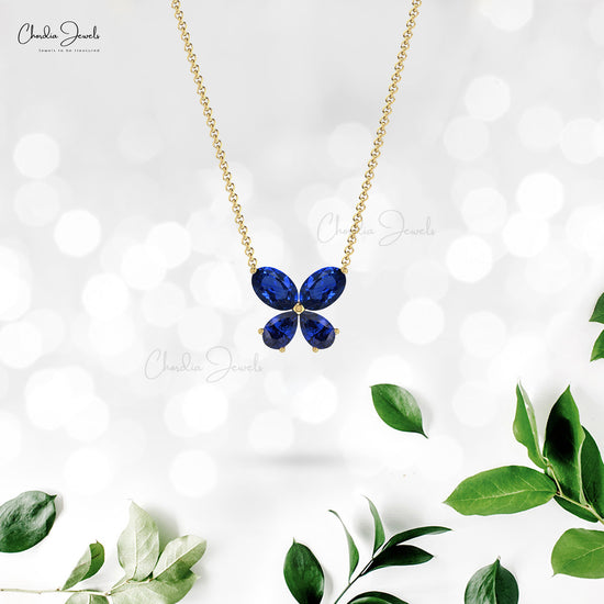 Genuine Blue Sapphire Butterfly Charm Necklace In 14k Real Gold