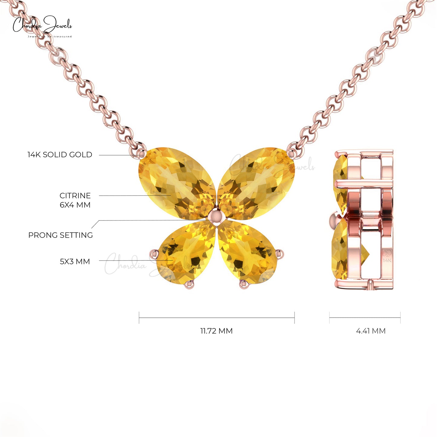 Solid 14k Gold Butterfly Necklace Genuine 1.2ct Citrine Delicate Necklace For Mother's Day