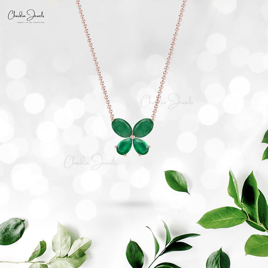 Four Stone Chain Necklace In Pure 14k Gold Zambian Emerald Butterfly Necklace For Her