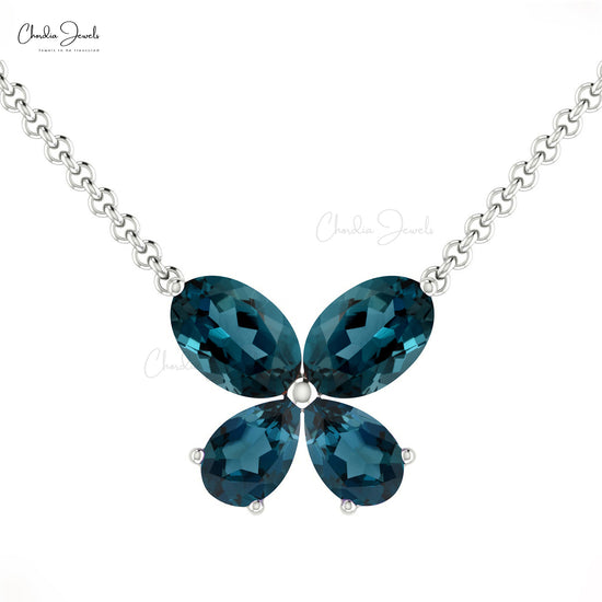 Prong Set 1.2CT London Blue Topaz Butterfly Necklace 14k Solid Gold Modern Necklace For Girls
