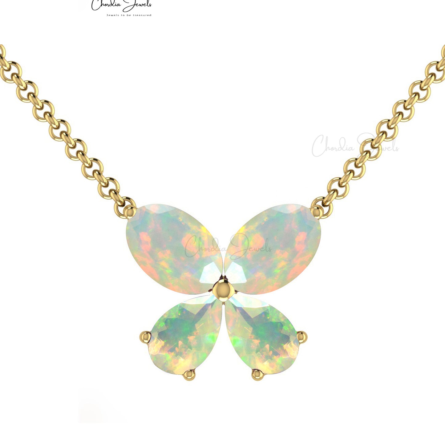 14k Solid Gold Natural Fire Opal Gemstone Butterfly Necklace For Love