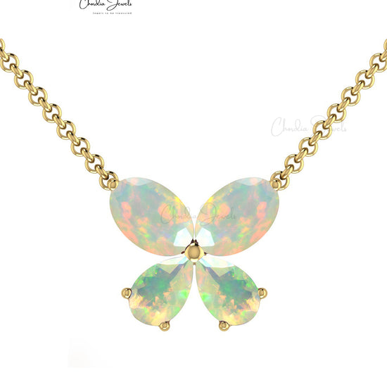 14k Solid Gold Natural Fire Opal Gemstone Butterfly Necklace For Love