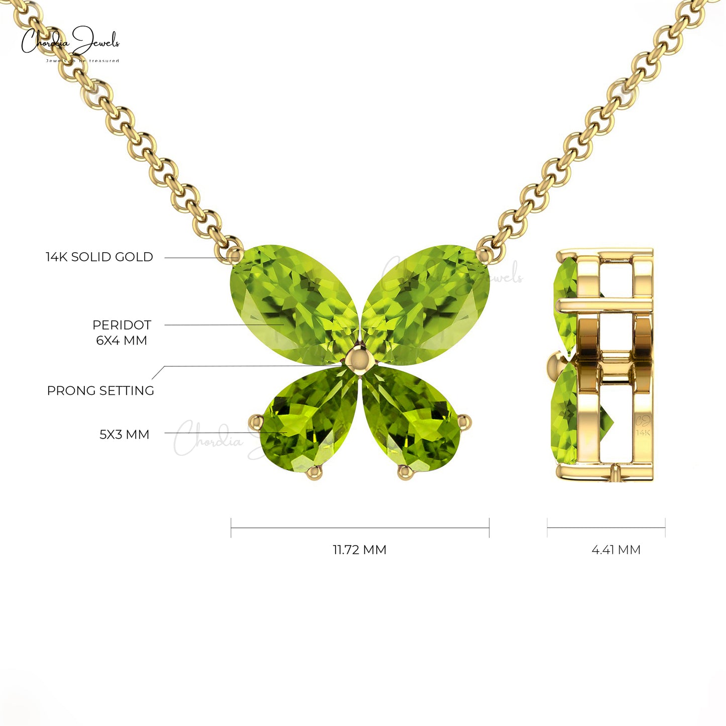 Solid 14k Gold Authentic Peridot Delicate Butterfly Necklace 