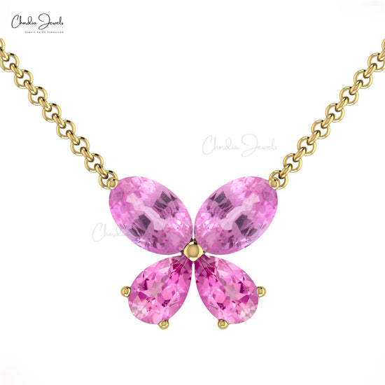 Beautiful Latest New Butterfly Necklace Genuine Pink Sapphire Gemstone Charm Pendant Necklace 14k Solid Gold Hallmarked Jewelry For Women