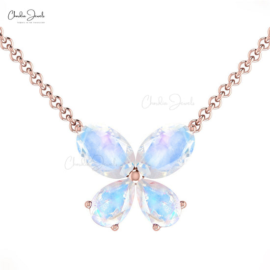 Real 14k Gold Butterfly Charm Necklace With 1.2ct Rainbow Moonstone Minimalist Chain Necklace