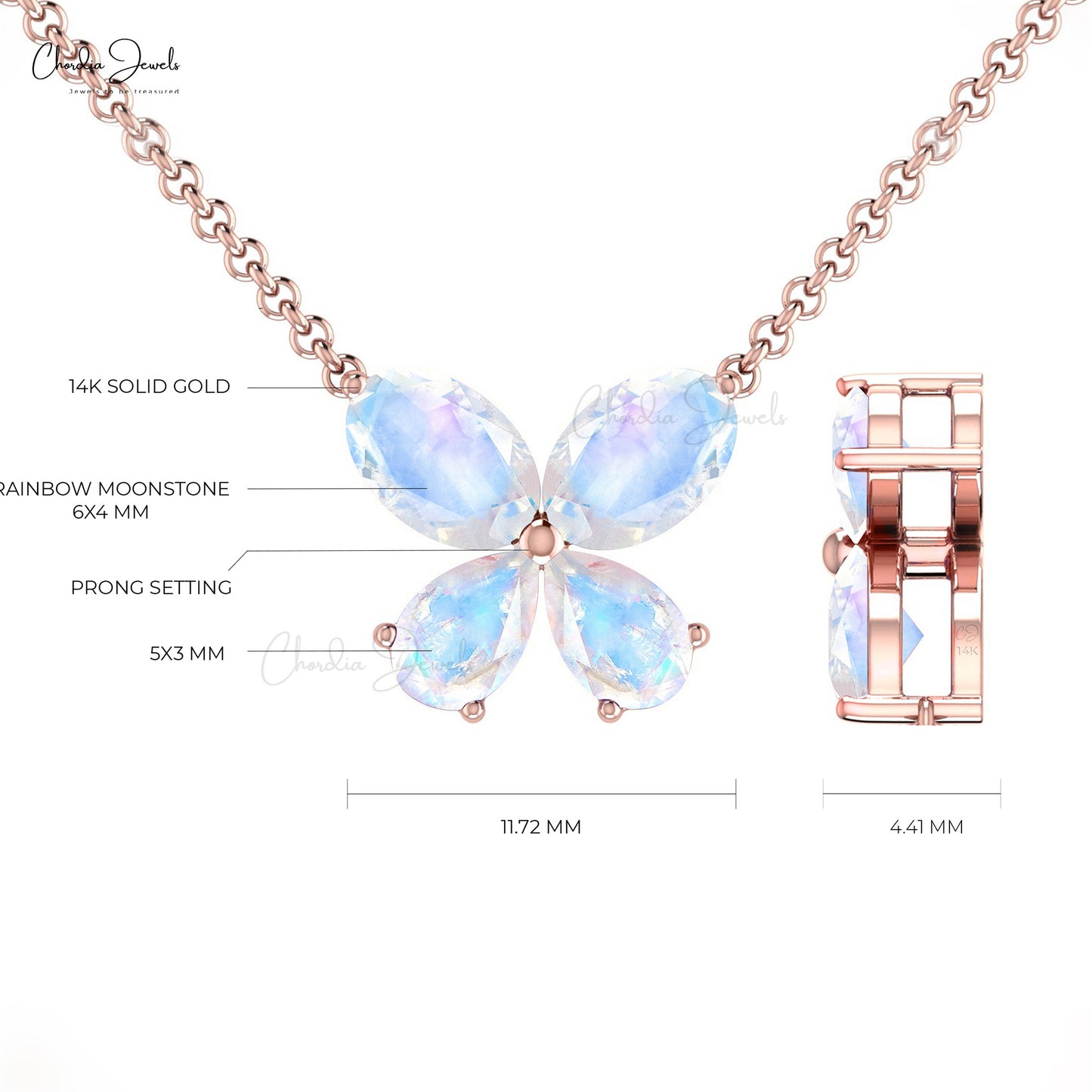 Real 14k Gold Butterfly Charm Necklace With 1.2ct Rainbow Moonstone Minimalist Chain Necklace