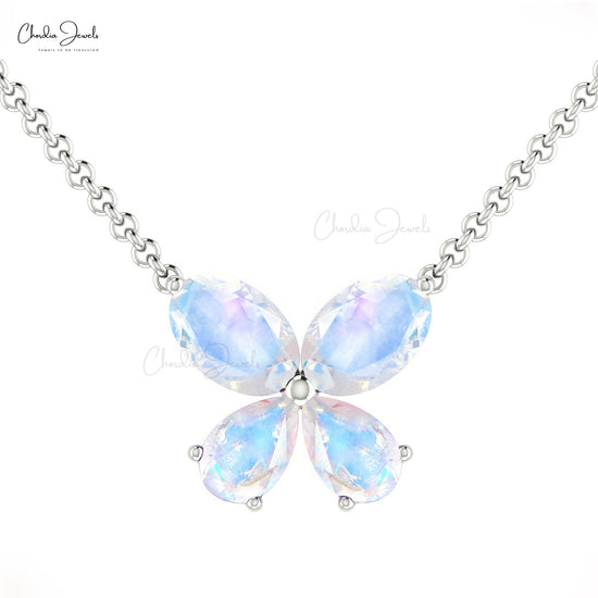 Real 14k Gold Butterfly Charm Necklace With 1.2ct Rainbow Moonstone Minimalist Chain Necklace