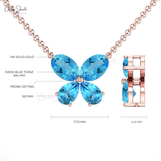 Solid 14k Gold Authentic Swiss Blue Topaz Butterfly Necklace