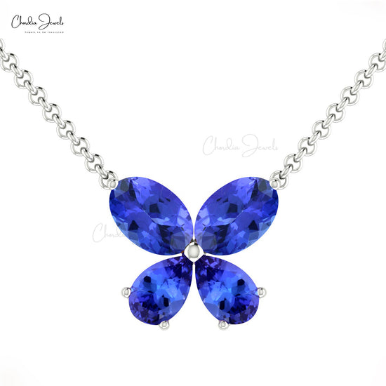 Natural Tanzanite Butterfly Necklace For Anniversary, 1.5CT 4-Stone Spring Ring Necklace in 14K Solid Gold, Oval Shape December Birthstone Gemstone Hallmarked Jewelry