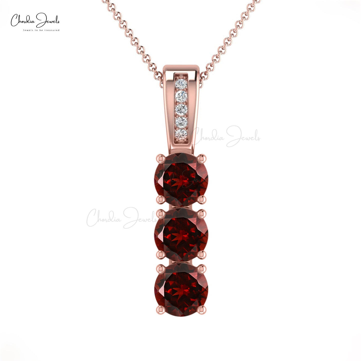 New Design Natural White Diamond Dangle Pendant Necklace 4mm Round Cut Red Garnet 3-Stone Pendant in 14k Solid Gold Jewelry For Women