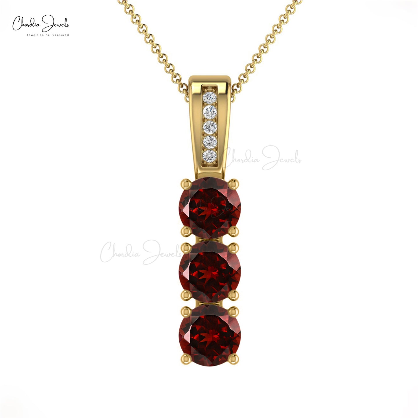 Load image into Gallery viewer, New Design Natural White Diamond Dangle Pendant Necklace 4mm Round Cut Red Garnet 3-Stone Pendant in 14k Solid Gold Jewelry For Women
