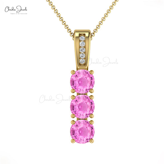 Beautiful 4mm Round Cut Gemstone Pendant Necklace Natural Pink Sapphire 3-Stone Pendant 14k Solid Gold Diamond Jewelry For Engagement Gift