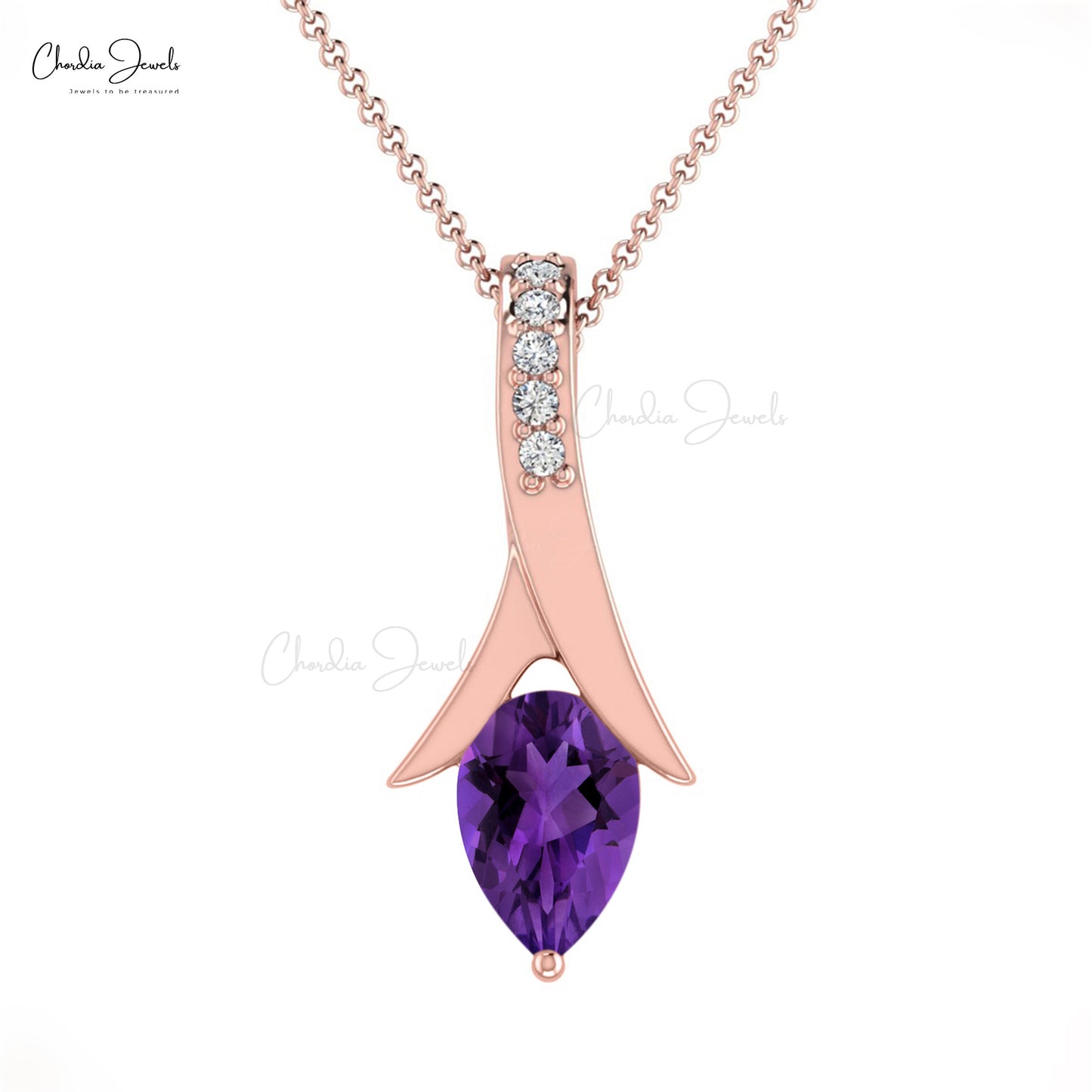 Natural Amethyst Tear Drop Pendant 14k Solid Gold White Diamond Pendant 6X4mm Pear Cut Gemstone Jewelry For Birthday Gift