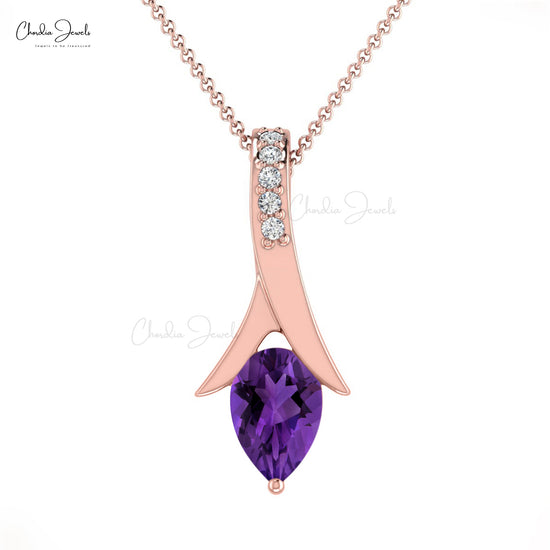 Natural Amethyst Tear Drop Pendant 14k Solid Gold White Diamond Pendant 6X4mm Pear Cut Gemstone Jewelry For Birthday Gift