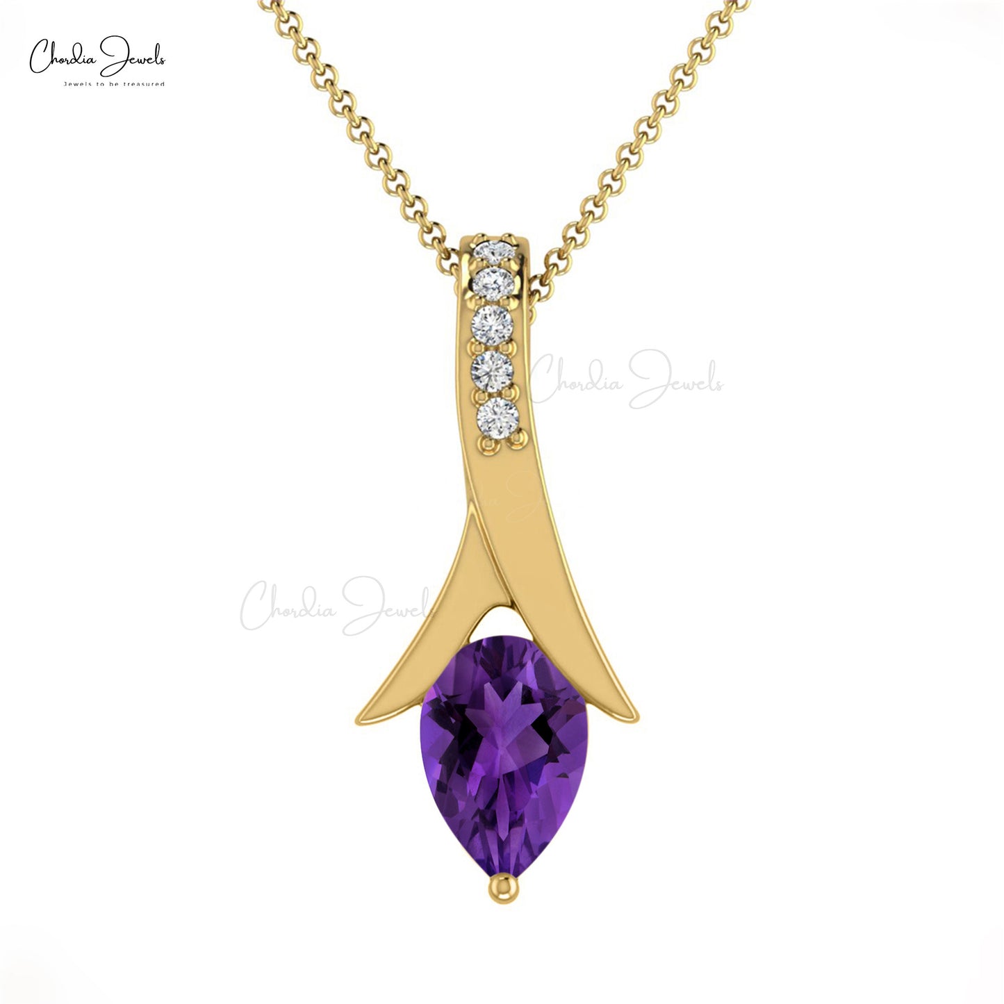 Natural Amethyst Tear Drop Pendant 14k Solid Gold White Diamond Pendant 6X4mm Pear Cut Gemstone Jewelry For Birthday Gift