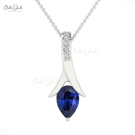 AAA Blue Sapphire Tear Drop Pendant 14k Solid Gold Diamond Pendant 0.35 Cts Pear Cut Handmade Gemstone For September Birthstone