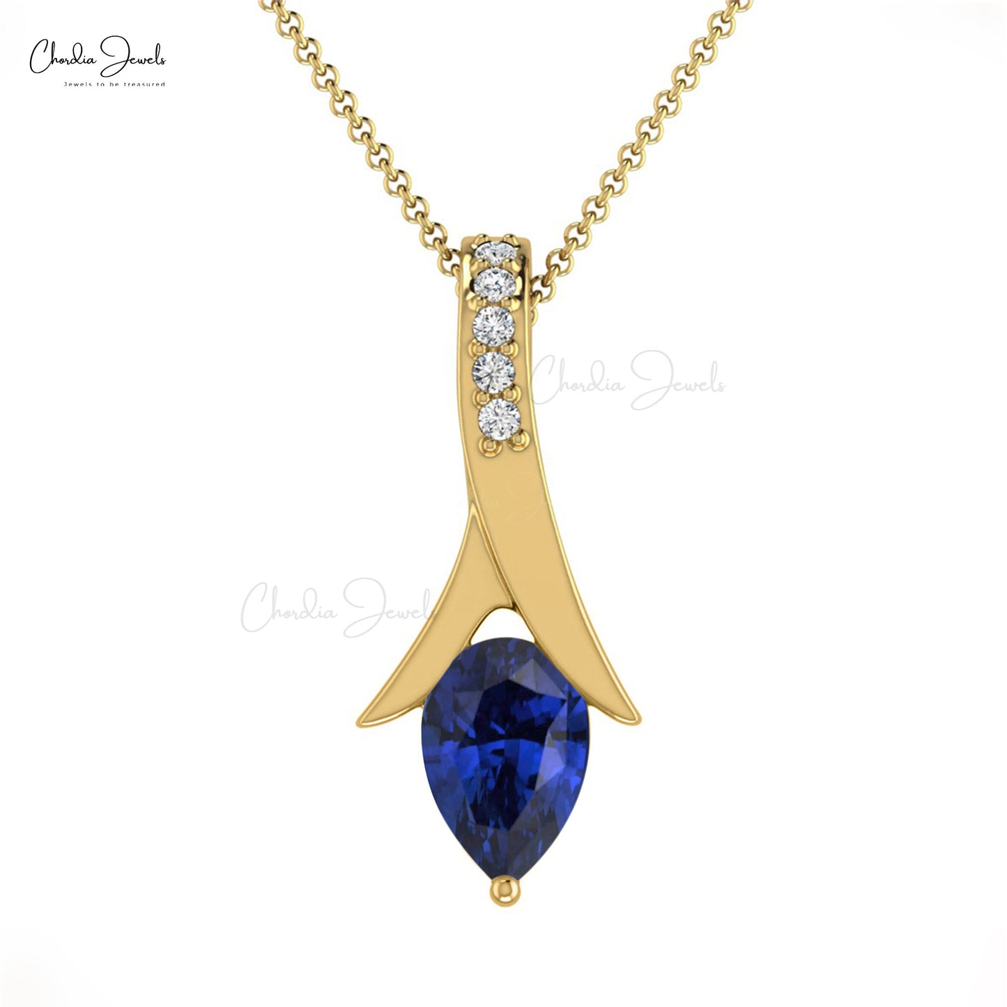 AAA Blue Sapphire Tear Drop Pendant 14k Solid Gold Diamond Pendant 0.35 Cts Pear Cut Handmade Gemstone For September Birthstone
