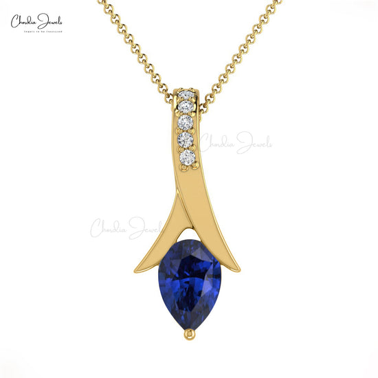 AAA Blue Sapphire Tear Drop Pendant 14k Solid Gold Diamond Pendant 0.35 Cts Pear Cut Handmade Gemstone For September Birthstone