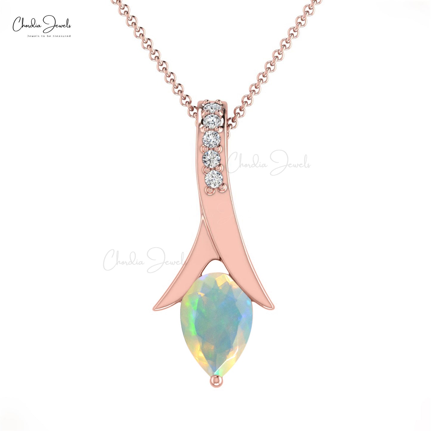 Natural Ethiopian Opal Tear Drop Pendant 6X4mm Pear Cut Handmade Gemstone Pendant Tear Drop 14k Solid Gold White Diamond Pendant For Her