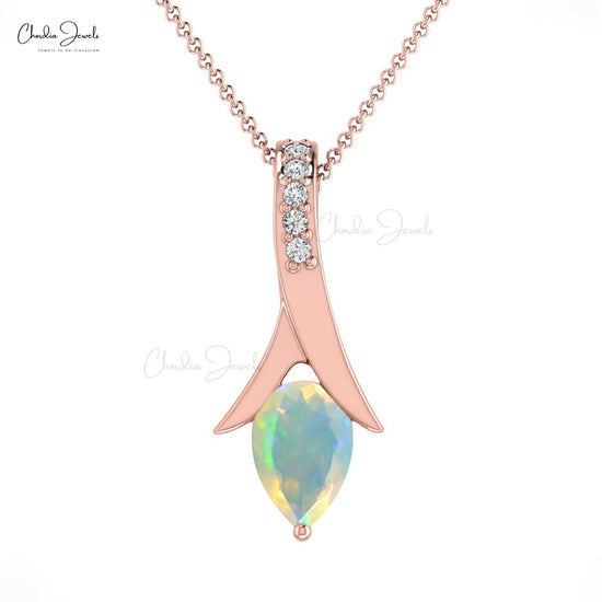 Natural Ethiopian Opal Tear Drop Pendant 6X4mm Pear Cut Handmade Gemstone Pendant Tear Drop 14k Solid Gold White Diamond Pendant For Her