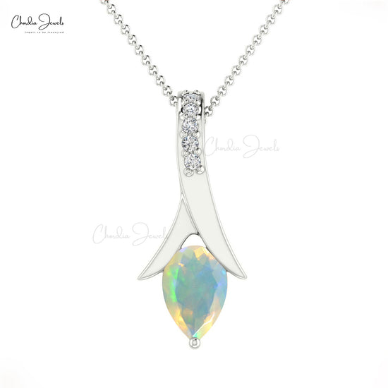 Natural Ethiopian Opal Tear Drop Pendant 6X4mm Pear Cut Handmade Gemstone Pendant Tear Drop 14k Solid Gold White Diamond Pendant For Her