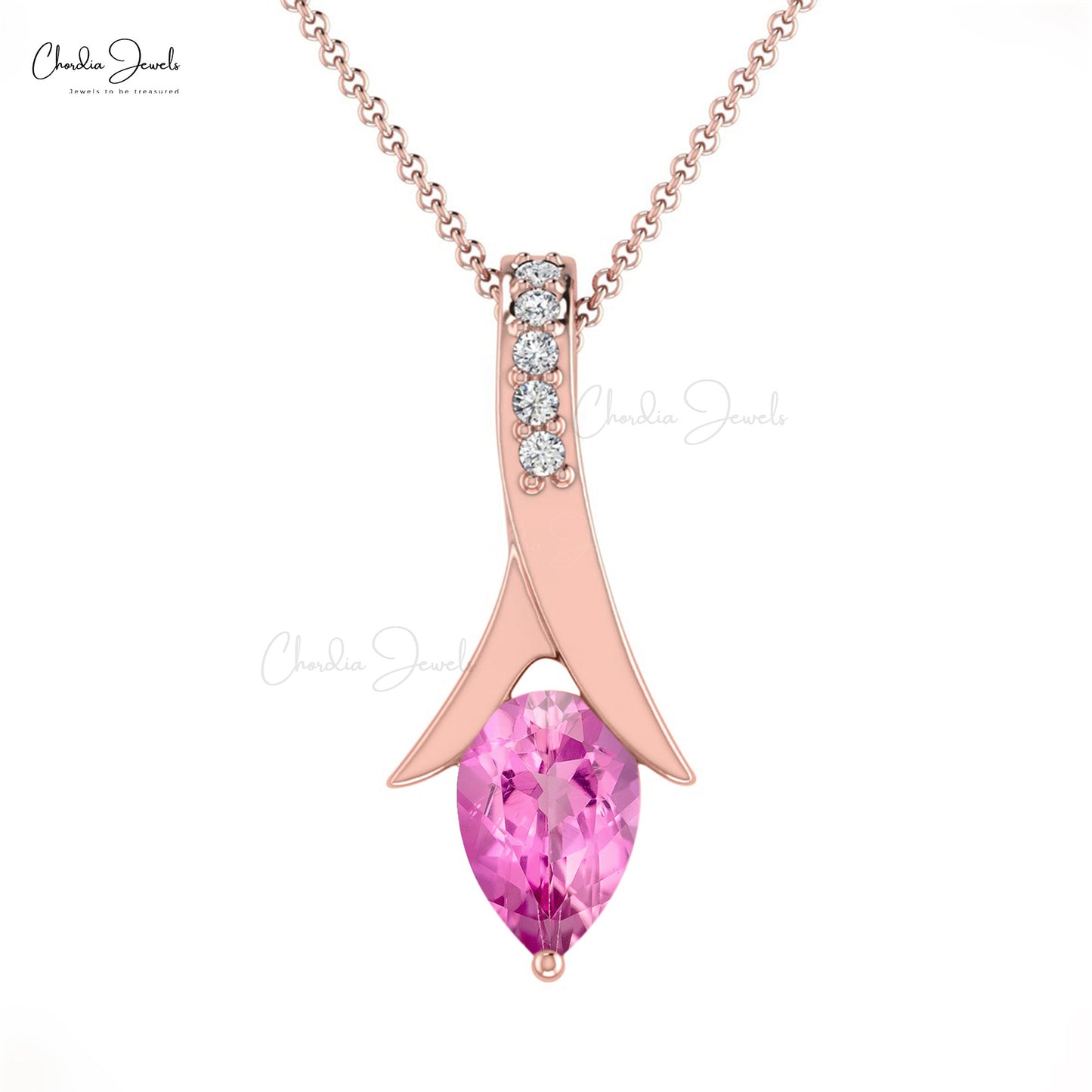 Dainty Diamond Pendant In Real 14k Gold Pink Sapphire 6x4mm Gemstone Drop Necklace